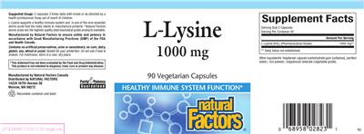 Photo of the Natural Factors L-Lysine 1000 mg label