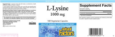 Photo of the Natural Factors L-Lysine 1000 mg label