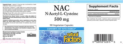 Photo of the Natural Factors NAC N-Acetyl-L-Cysteine 500 mg label