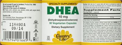Photo of the Country Life DHEA 10 mg (Dehydroepiandrosterone) label
