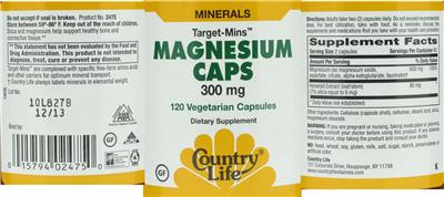 Photo of the Country Life Target-Mins Magnesium Caps 300 mg label