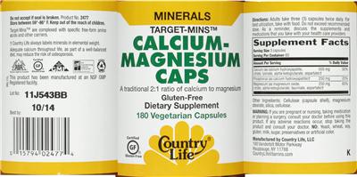 Photo of the Country Life Target-Mins Calcium-Magnesium Caps label