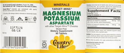 Photo of the Country Life Target-Mins Magnesium Potassium Aspartate label