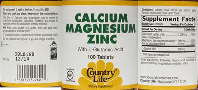 Photo of the Country Life Calcium Magnesium Zinc With L-Glutamic Acd label