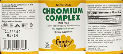 Photo of the Country Life Chromium Complex 200 mcg label