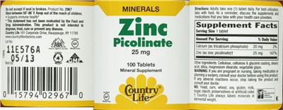 Photo of the Country Life Zinc Picolinate 25 mg label