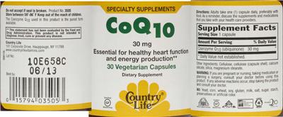 Photo of the Country Life CoQ10 30 mg label