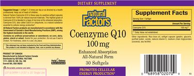 Photo of the Natural Factors Coenzyme Q10 100 mg label