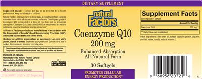 Photo of the Natural Factors Coenzyme Q10 200 mg label