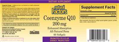 Photo of the Natural Factors Coenzyme Q10 200 mg label