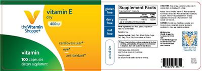 Photo of the The Vitamin Shoppe Vitamin E Dry 400 IU label