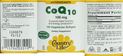 Photo of the Country Life CoQ10 100 mg label