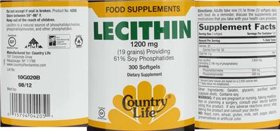 Photo of the Country Life Lecithin 1200 mg label