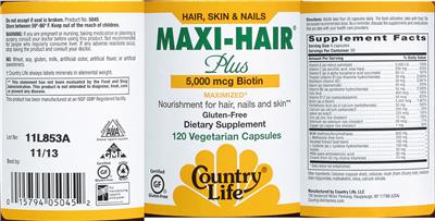 Photo of the Country Life Maxi-Hair Plus 5,000 mcg Biotin label