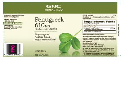 Photo of the GNC Herbal Plus Fenugreek 610 mg label