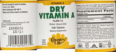 Photo of the Country Life Dry Vitamin A 10,000 IU label