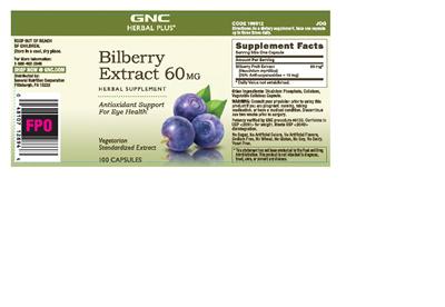 Photo of the GNC Herbal Plus Bilberry Extract 60 mg label