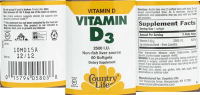 Photo of the Country Life Vitamin D3 2500 IU label