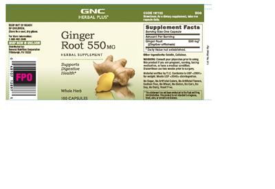 Photo of the GNC Herbal Plus Ginger Root 550 mg label