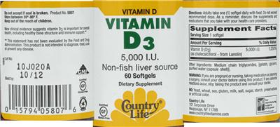 Photo of the Country Life Vitamin D3 5000 IU label
