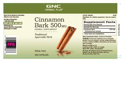 Photo of the GNC Herbal Plus Cinnamon Bark 500 mg label