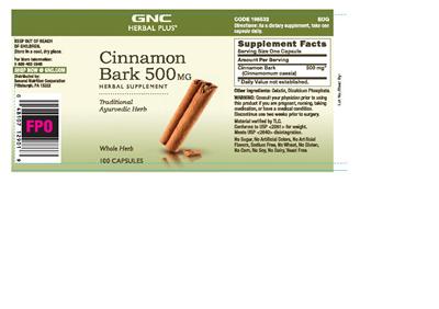 Photo of the GNC Herbal Plus Cinnamon Bark 500 mg label