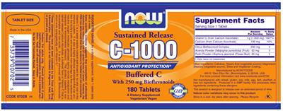 Photo of the NOW Sustained Release C-1000 Buffered C With 250 mg Bioflavonoids label