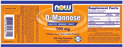Photo of the NOW D-Mannose 500 mg label