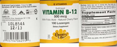 Photo of the Country Life Sublingual Vitamin B12 500 mcg With Folic Acid - Natural Cherry Flavor label