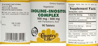 Photo of the Country Life Choline-Inositol Complex 500 mg / 500 mg with Pantothenic Acid label