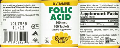 Photo of the Country Life Folic Acid 800 mcg label