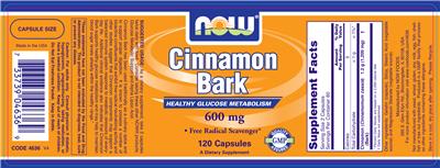 Photo of the NOW Cinnamon Bark 600 mg label