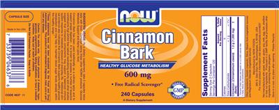 Photo of the NOW Cinnamon Bark 600 mg label