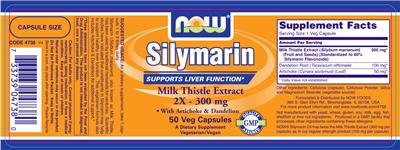 Photo of the NOW Silymarin Milk Thistle Extract 2X - 300 mg with Artichoke & Dandelion label