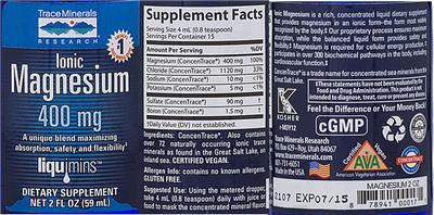 Photo of the Trace Minerals Research Ionic Magnesium 400 mg label
