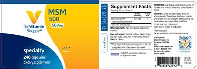 Photo of the The Vitamin Shoppe MSM 500 mg label