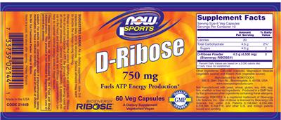 Photo of the NOW Sports D-Ribose 750 mg label
