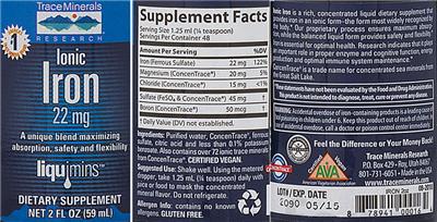 Photo of the Trace Minerals Research Ionic Iron 22 mg label