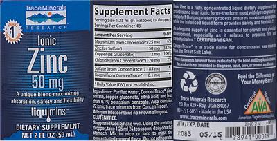 Photo of the Trace Minerals Research Ionic Zinc 50 mg label