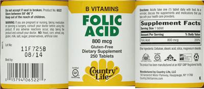 Photo of the Country Life Folic Acid 800 mcg label