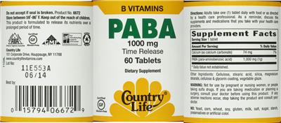 Photo of the Country Life PABA 1000 mg label