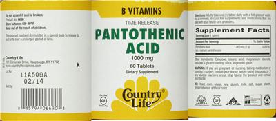 Photo of the Country Life Pantothenic Acid 1000 mg label