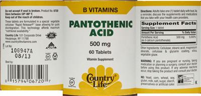 Photo of the Country Life Pantothenic Acid 500 mg label