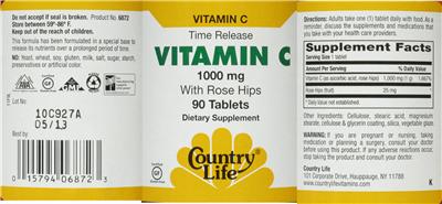 Photo of the Country Life Time Release Vitamin C 1000 mg With Rose Hips label