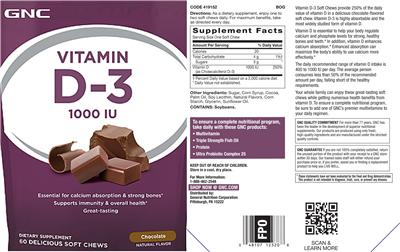 Photo of the GNC Vitamin D-3 1000 IU Chocolate label