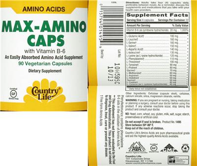 Photo of the Country Life Max-Amino Caps With Vitamin B6 label