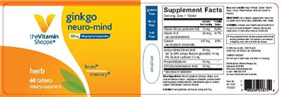 Photo of the The Vitamin Shoppe Ginkgo Neuro-Mind 60 mg label