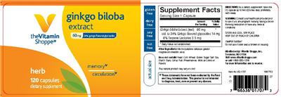 Photo of the The Vitamin Shoppe Ginkgo Biloba Extract 60 mg label