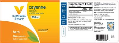 Photo of the The Vitamin Shoppe Cayenne 450 mg label