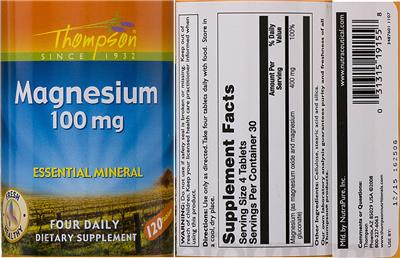 Photo of the Thompson Magnesium 100 mg label